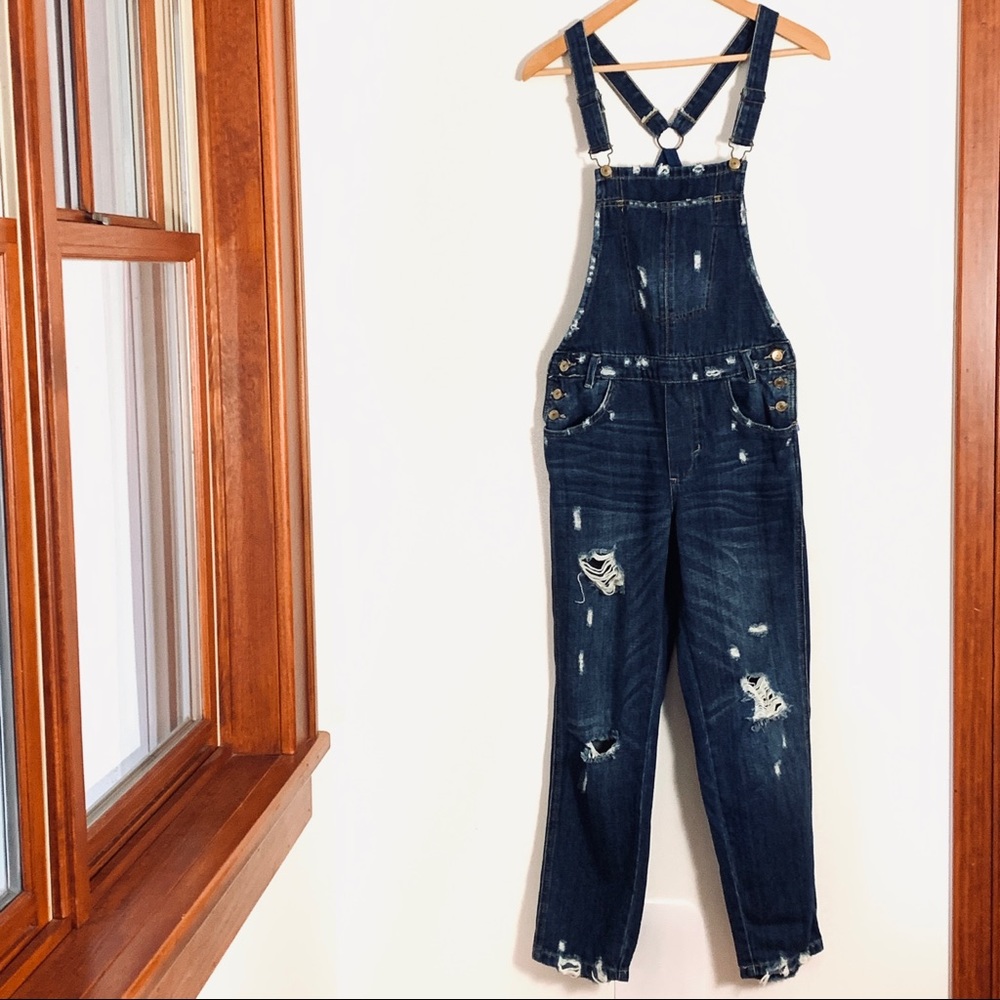 Zara Denim Distressed Overalls